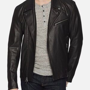 John Varvatos Luxe Asymmetrical Wax Coated Moto Jacket - Black - Size Medium